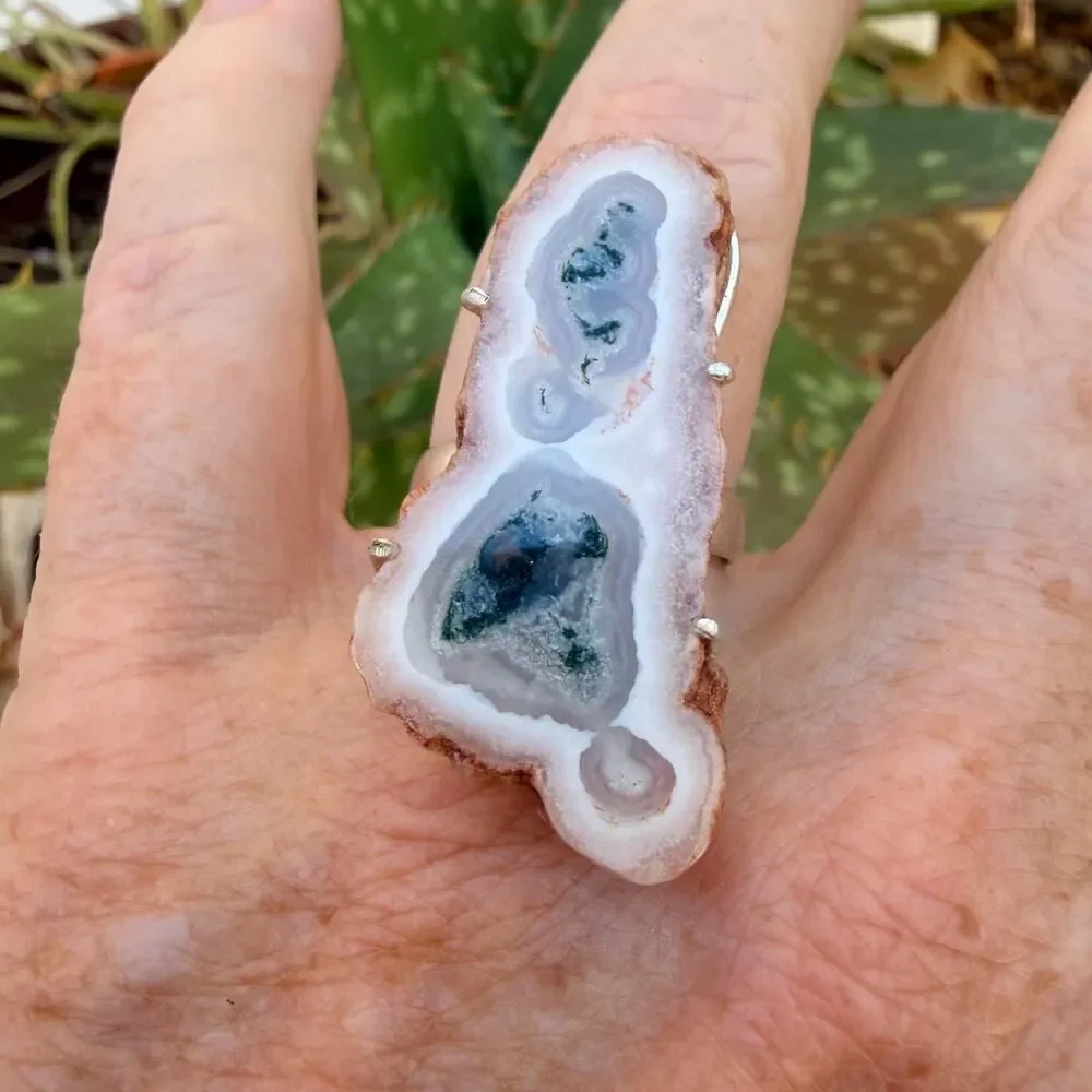 Solar Quartz Slice Druzy Ring 925 Silver Overlay Size 9, Tree Agate Ring